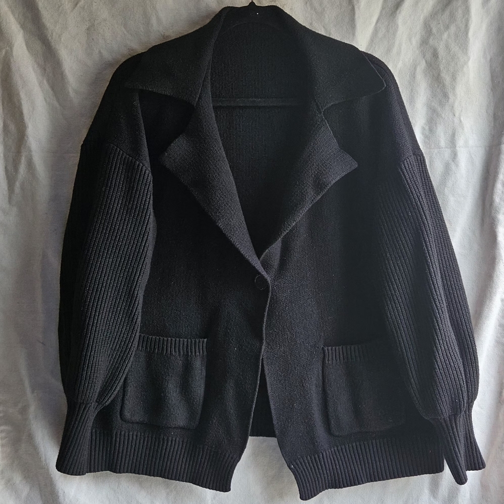 Black Mixed Media Knit Blazer Cardigan Open Front Plus Size